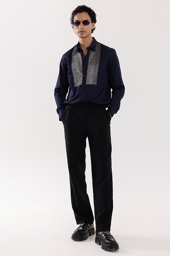Dark Navy Giza Cotton Cutdana Embroidered Party Wear Shirt by PAARSH at Pernia's Pop Up Shop