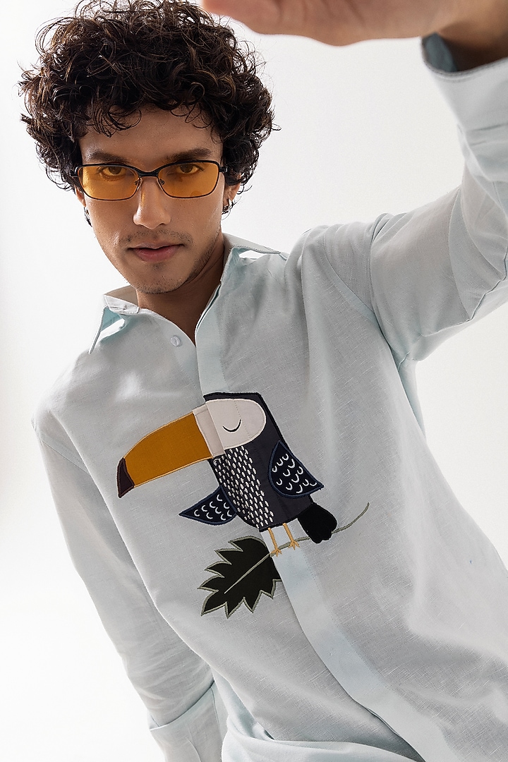 Ice Blue Linen Applique Work Party Wear Shirt by PAARSH at Pernia's Pop Up Shop