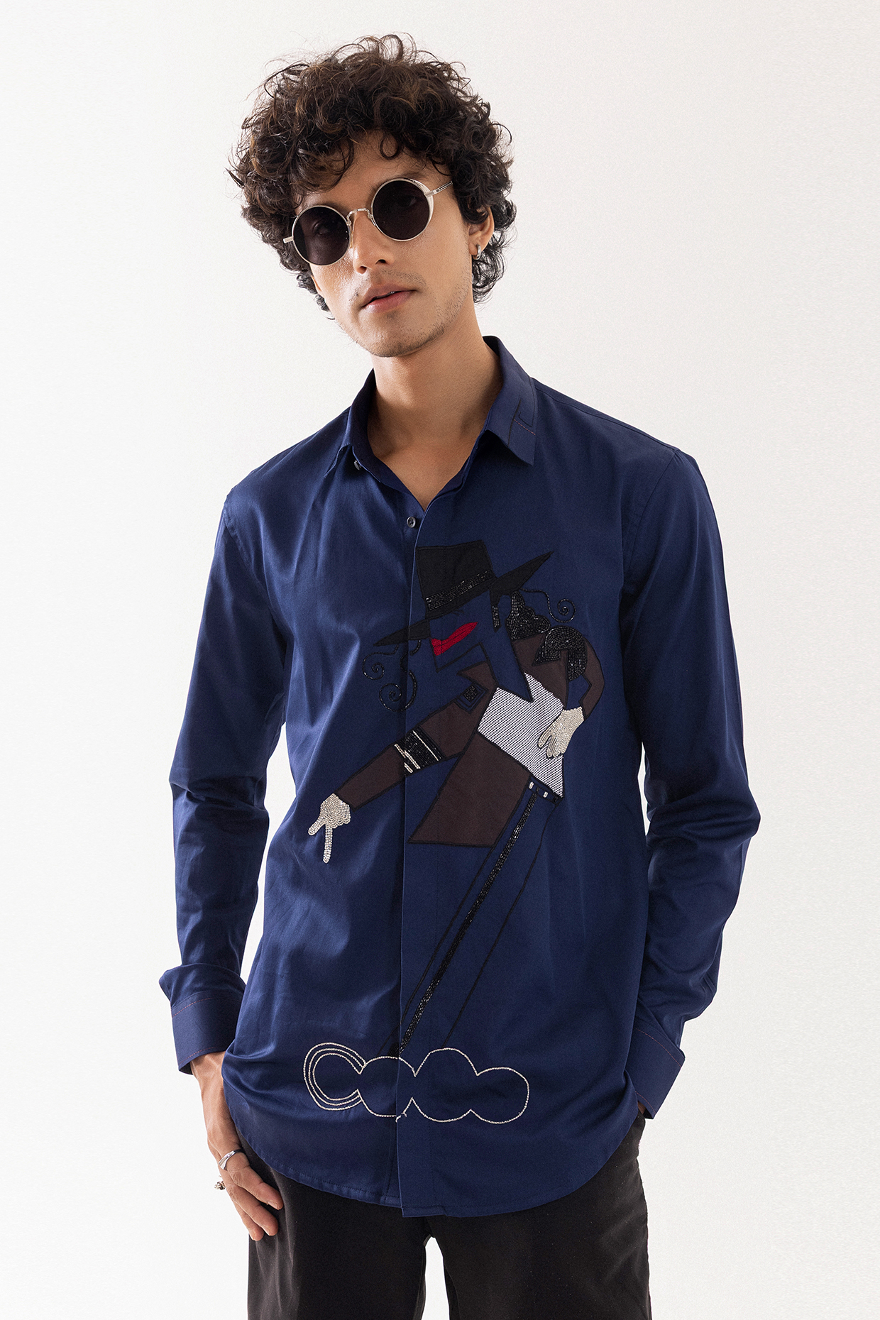 Navy Giza Cotton Cutdana Work Shirt by PAARSH