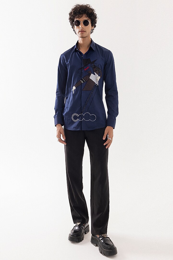 Navy Giza Cotton Cutdana Work Party Wear Shirt by PAARSH at Pernia's Pop Up Shop