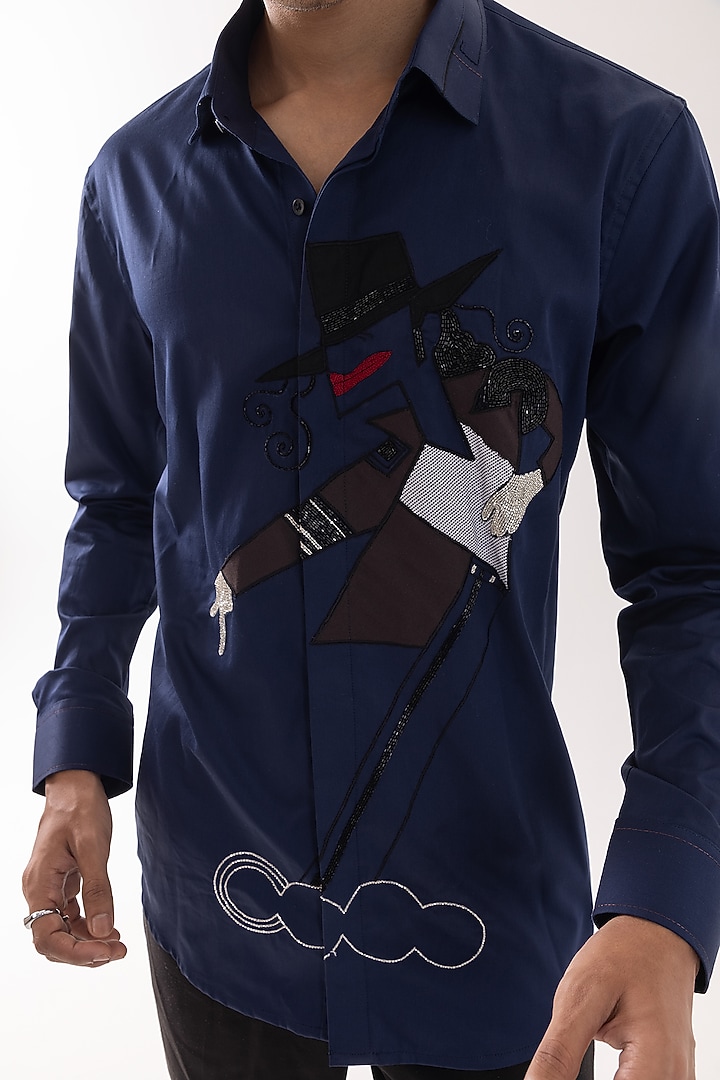 Navy Giza Cotton Cutdana Work Party Wear Shirt by PAARSH at Pernia's Pop Up Shop