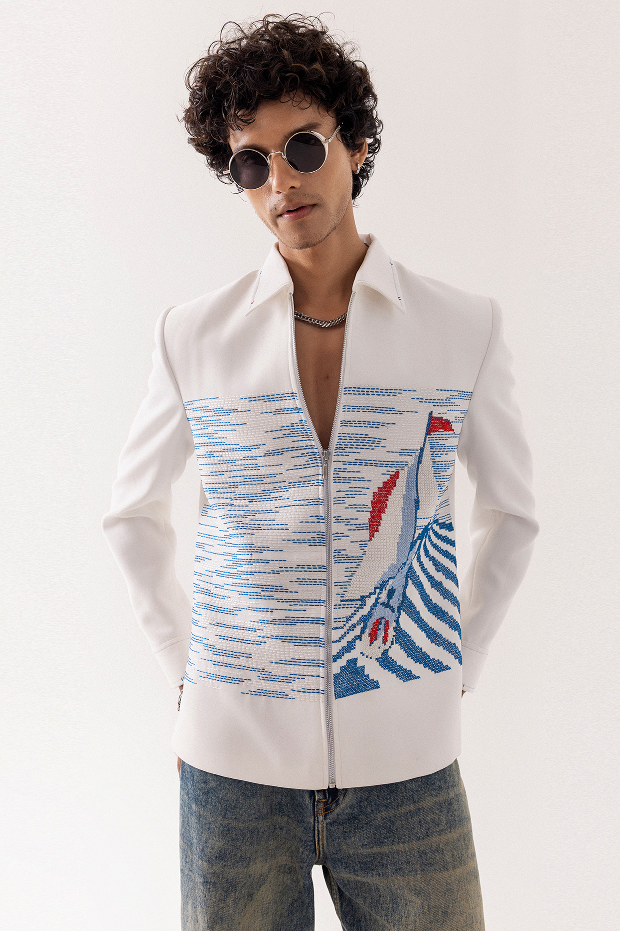 Ivory D&J Stretchable Cross-Stitch Embroidered Bomber Jacket by PAARSH