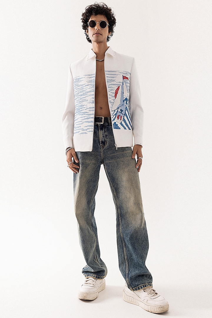 Ivory D&J Stretchable Cross-Stitch Embroidered Bomber Jacket by PAARSH at Pernia's Pop Up Shop