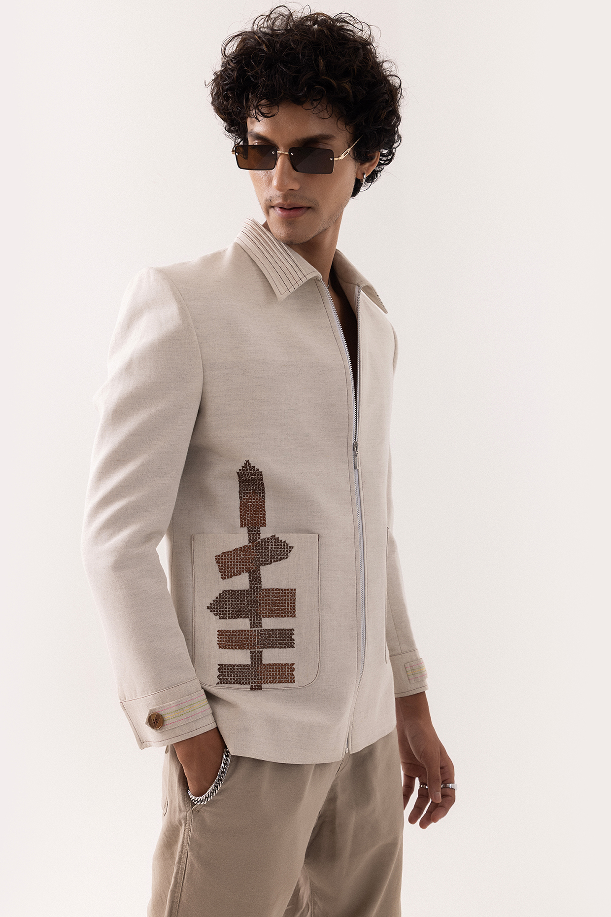 Beige Linen Embroidered Bomber Jacket by PAARSH