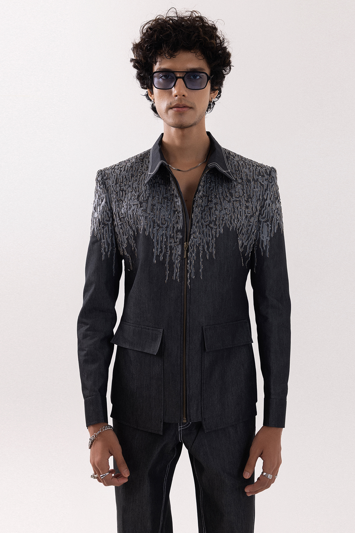 Charcoal Grey Denim Hand Painted & Bead Embellished Bomber Jacket by PAARSH