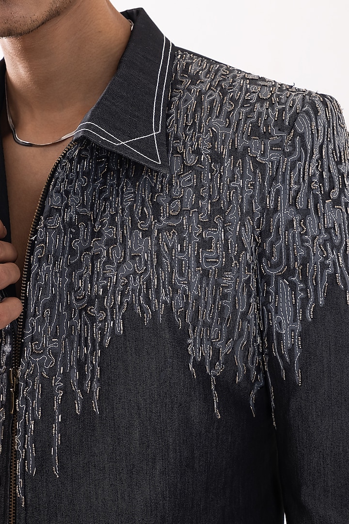 Charcoal Grey Denim Hand Painted & Bead Embellished Bomber Jacket by PAARSH at Pernia's Pop Up Shop