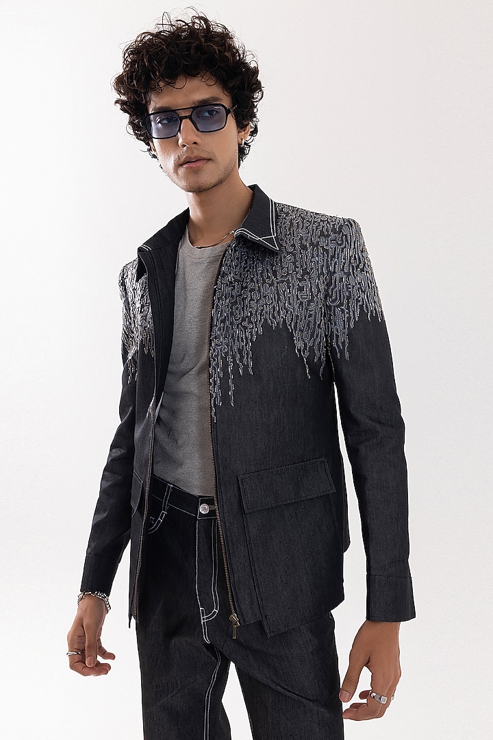 Charcoal Grey Denim Hand Painted & Bead Embellished Bomber Jacket by PAARSH at Pernia's Pop Up Shop
