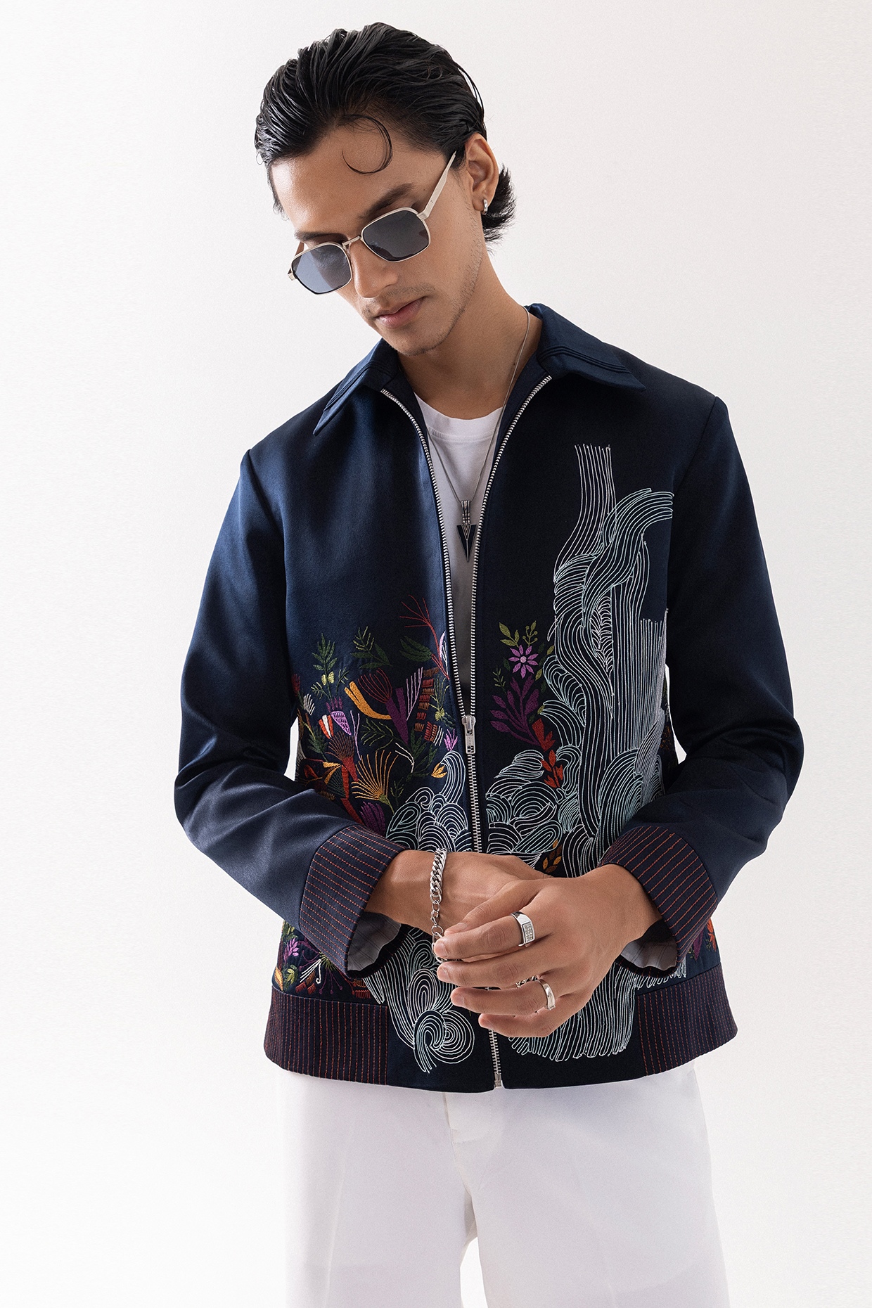 Dark Blue Suede Floral Embroidered Bomber Jacket by PAARSH