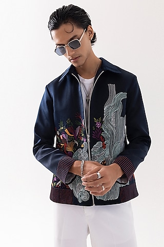 Dark Blue Suede Floral Embroidered Bomber Jacket by PAARSH