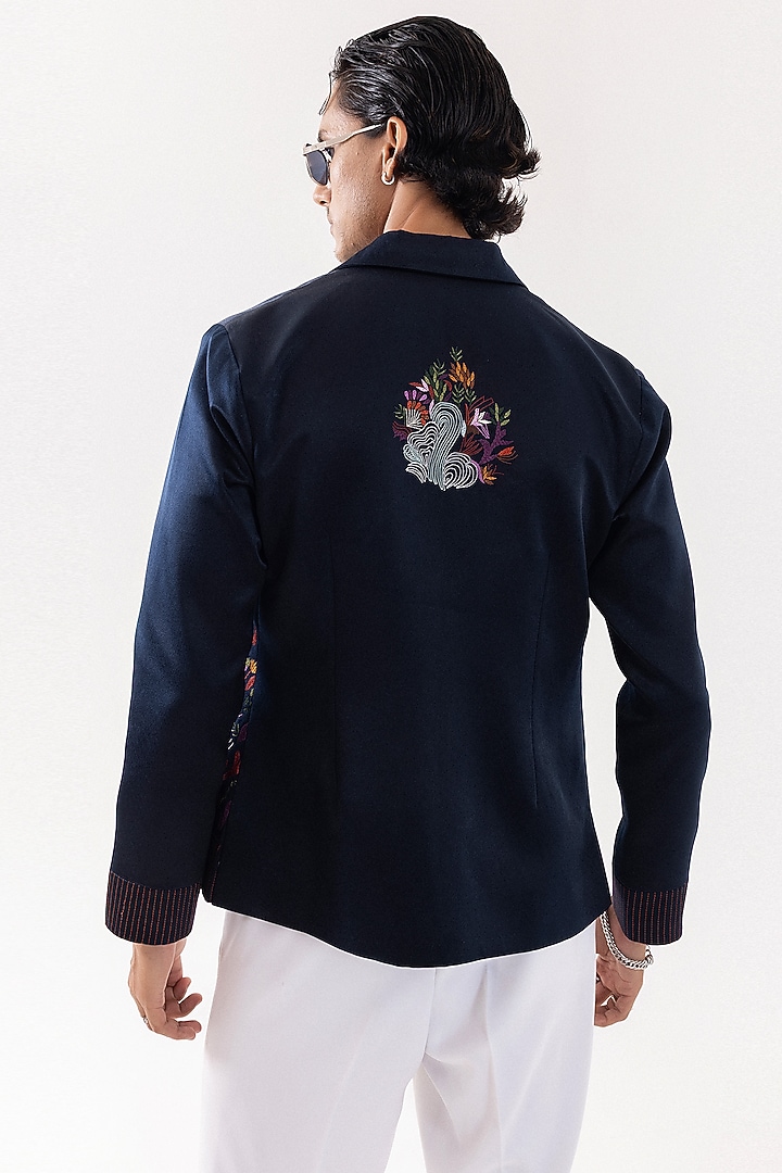 Dark Blue Suede Floral Embroidered Bomber Jacket by PAARSH at Pernia's Pop Up Shop