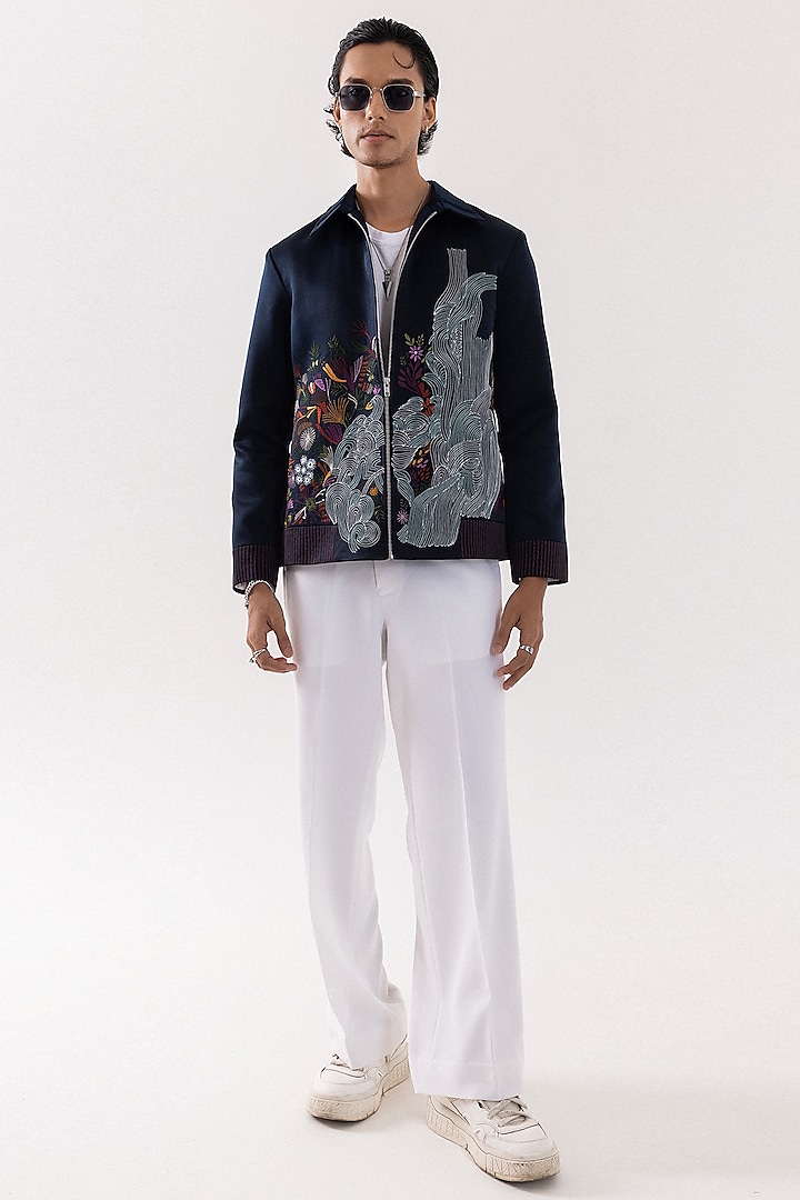 Dark Blue Suede Floral Embroidered Bomber Jacket by PAARSH at Pernia's Pop Up Shop