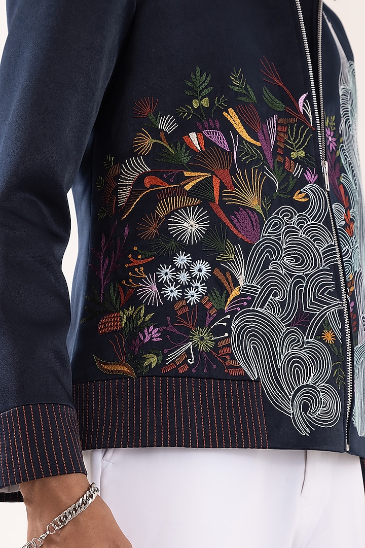 Dark Blue Suede Floral Embroidered Bomber Jacket by PAARSH at Pernia's Pop Up Shop