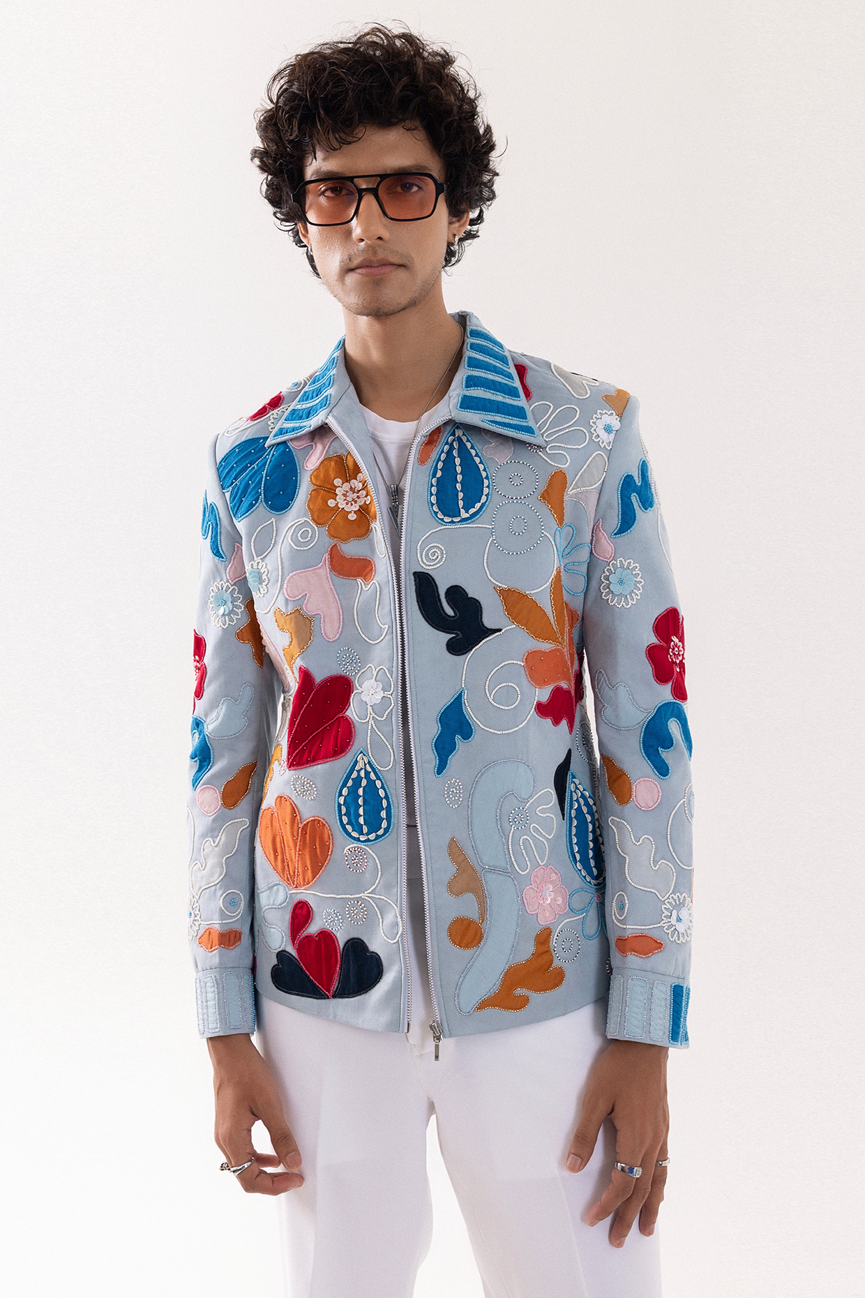 Light Blue Suede Sequins & Bead Embellished Bomber Jacket by PAARSH