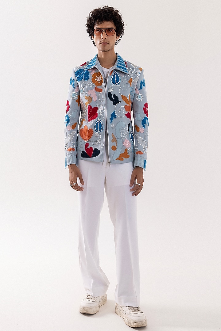 Light Blue Suede Sequins & Bead Embellished Bomber Jacket by PAARSH at Pernia's Pop Up Shop