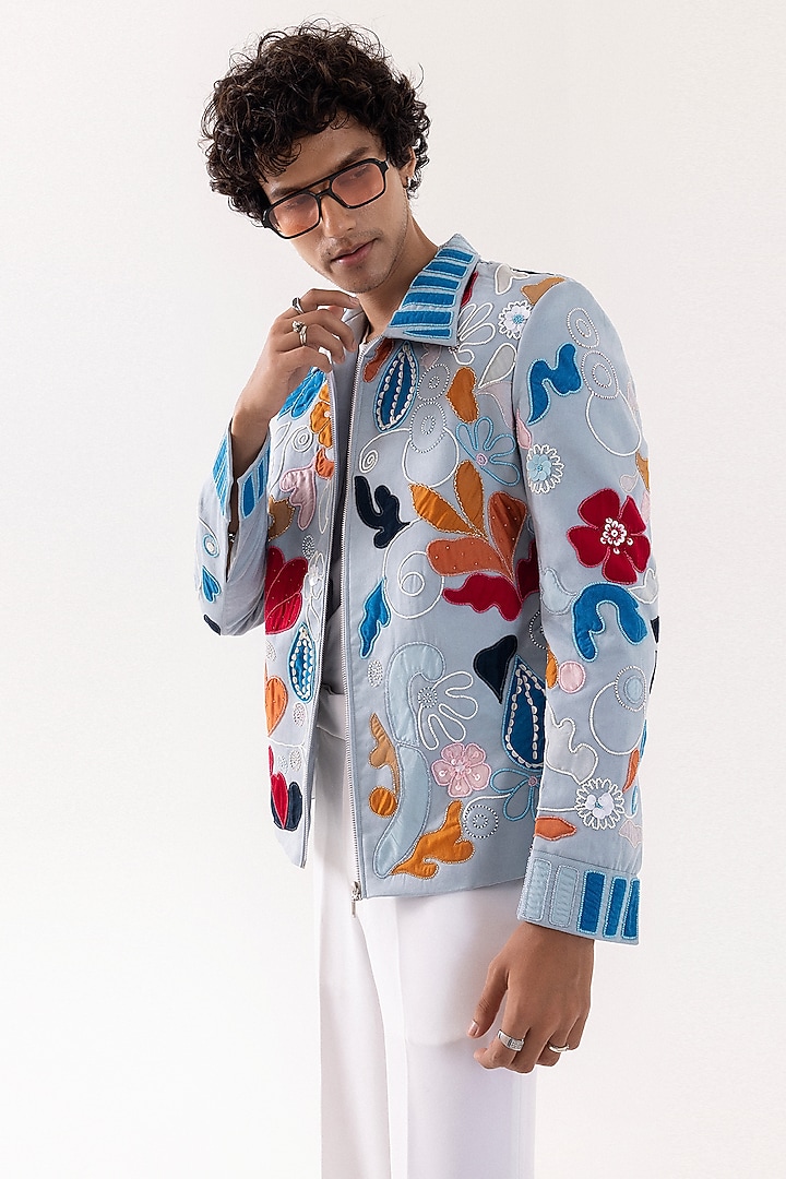 Light Blue Suede Sequins & Bead Embellished Bomber Jacket by PAARSH at Pernia's Pop Up Shop