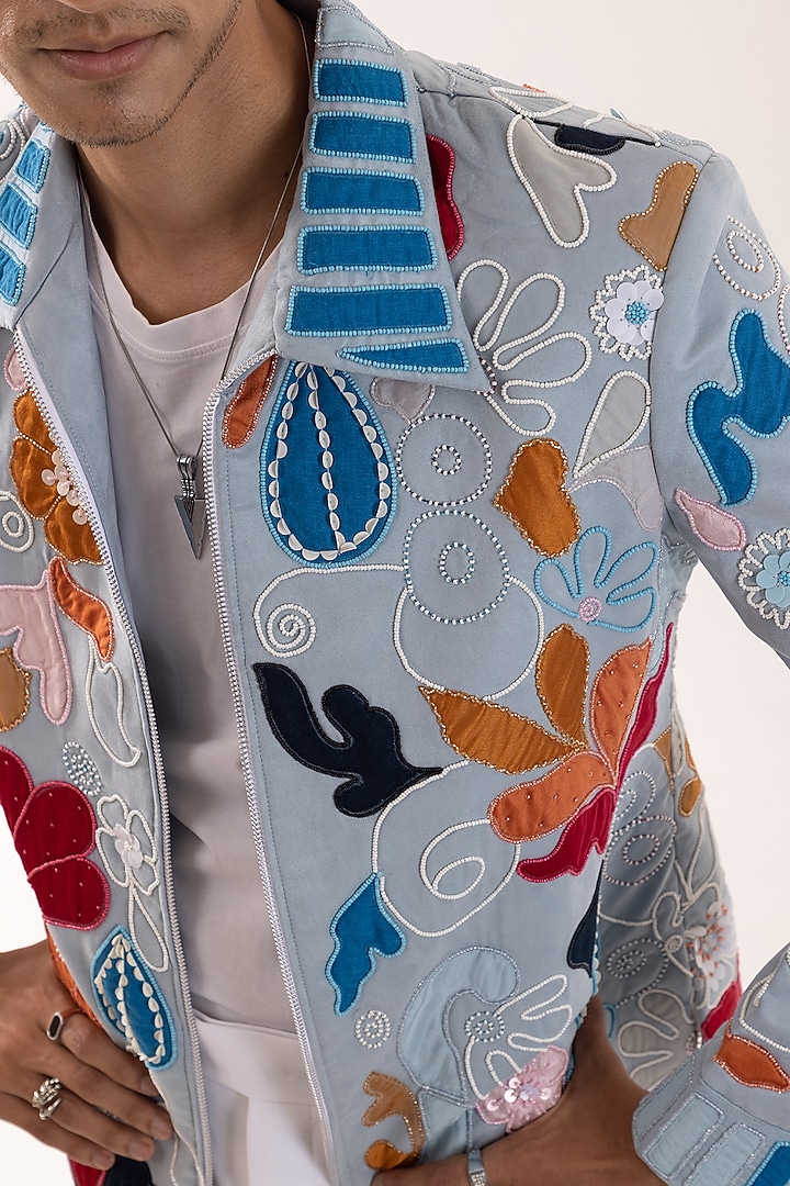 Light Blue Suede Sequins & Bead Embellished Bomber Jacket by PAARSH at Pernia's Pop Up Shop