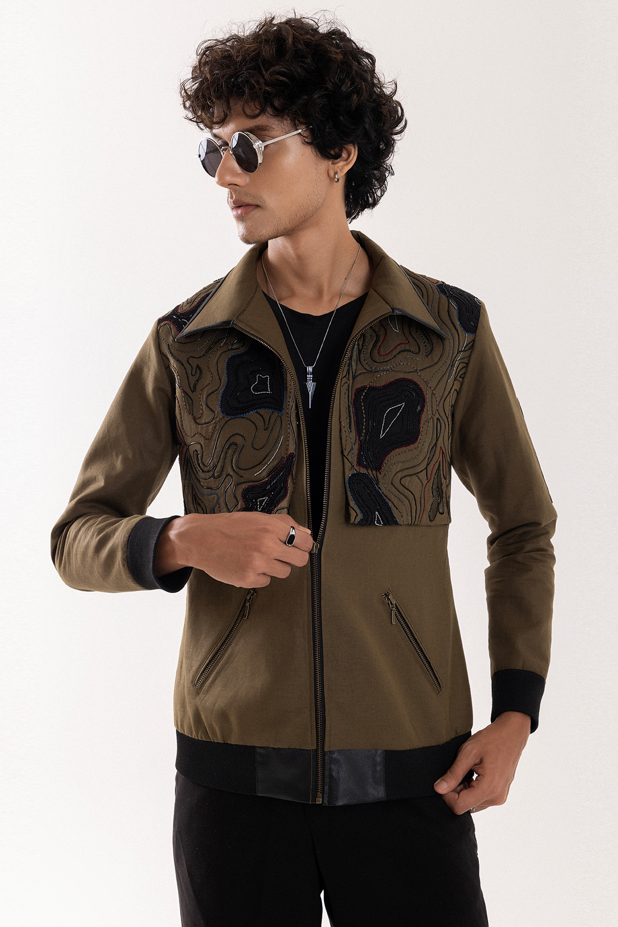 Olive Green Linen Bead Embellished Bomber Jacket by PAARSH
