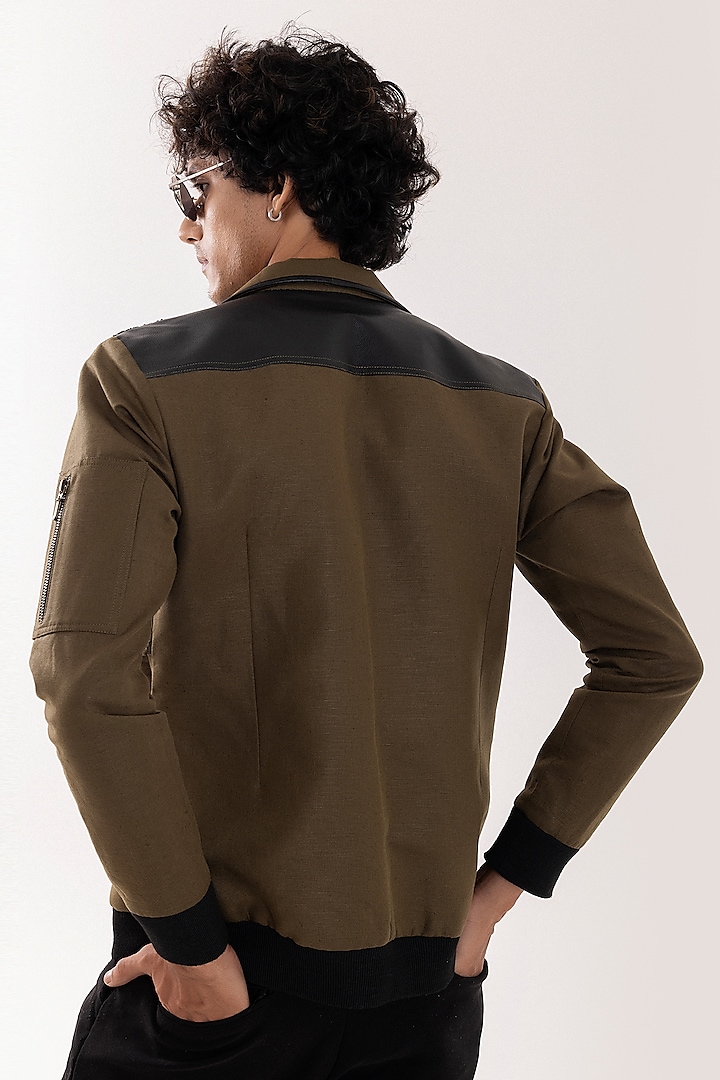 Olive Green Linen Bead Embellished Bomber Jacket by PAARSH at Pernia's Pop Up Shop
