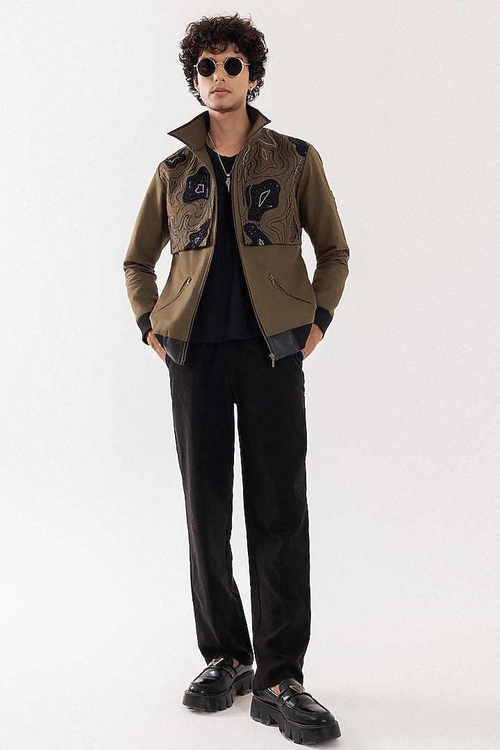 Olive Green Linen Bead Embellished Bomber Jacket by PAARSH at Pernia's Pop Up Shop