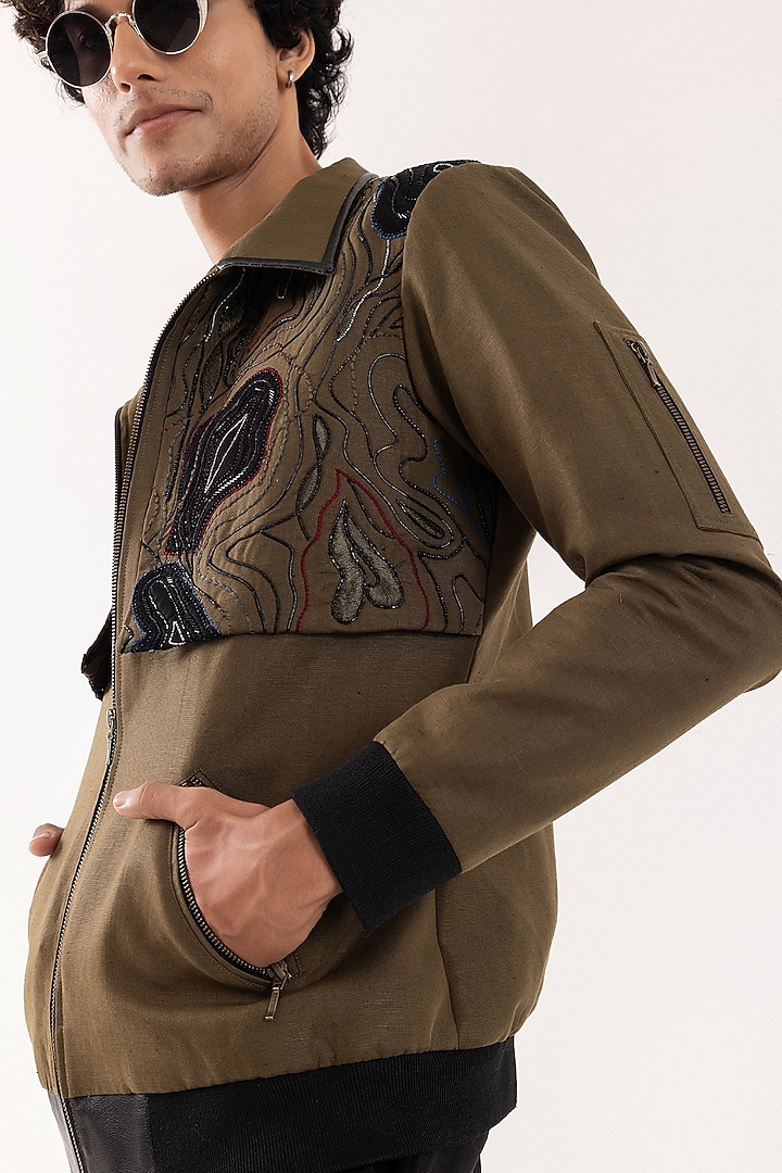 Olive Green Linen Bead Embellished Bomber Jacket by PAARSH at Pernia's Pop Up Shop