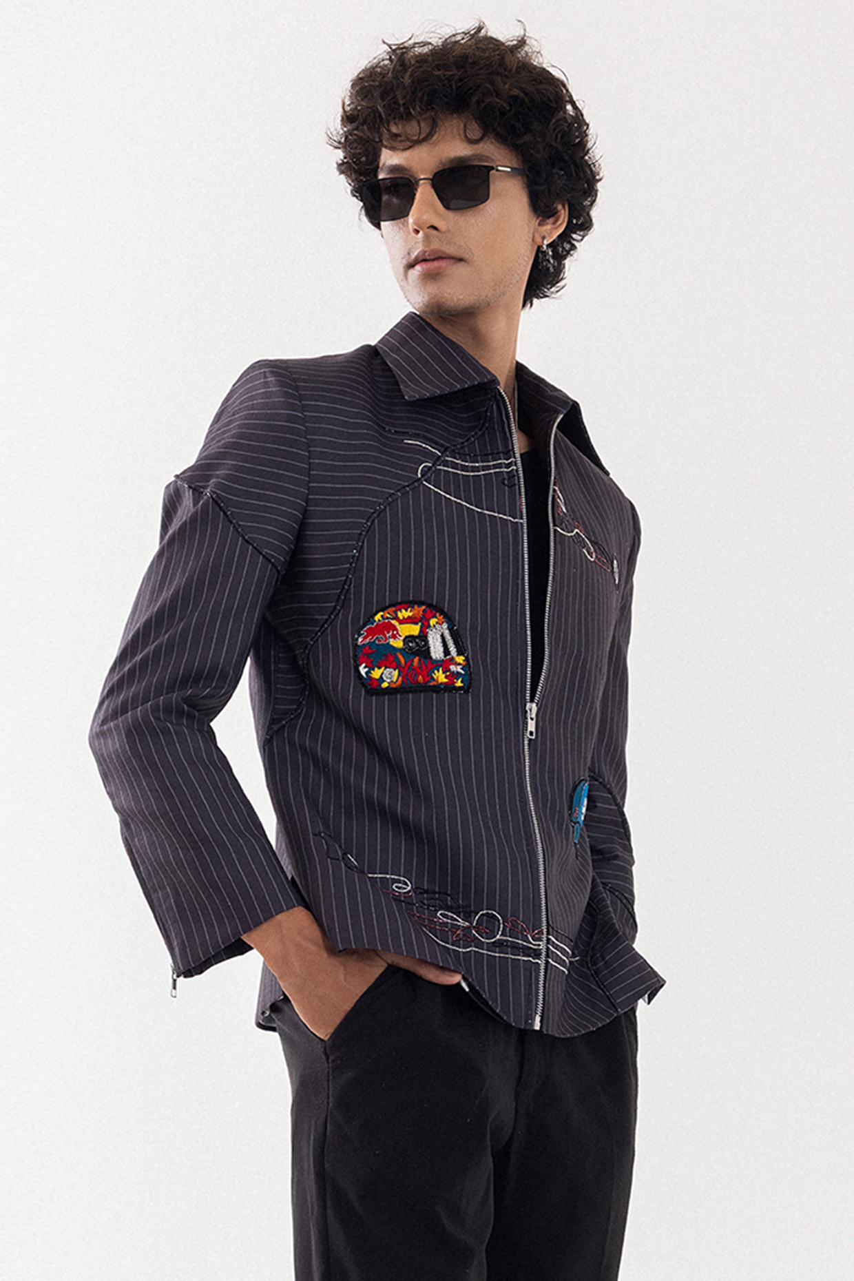 Grey & Black Poly Linen Stripe & Patchwork Bomber Jacket by PAARSH