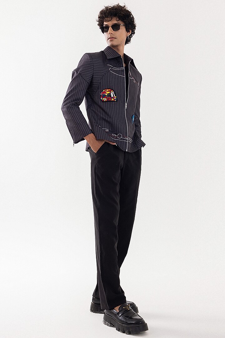 Grey & Black Poly Linen Stripe & Patchwork Bomber Jacket by PAARSH at Pernia's Pop Up Shop