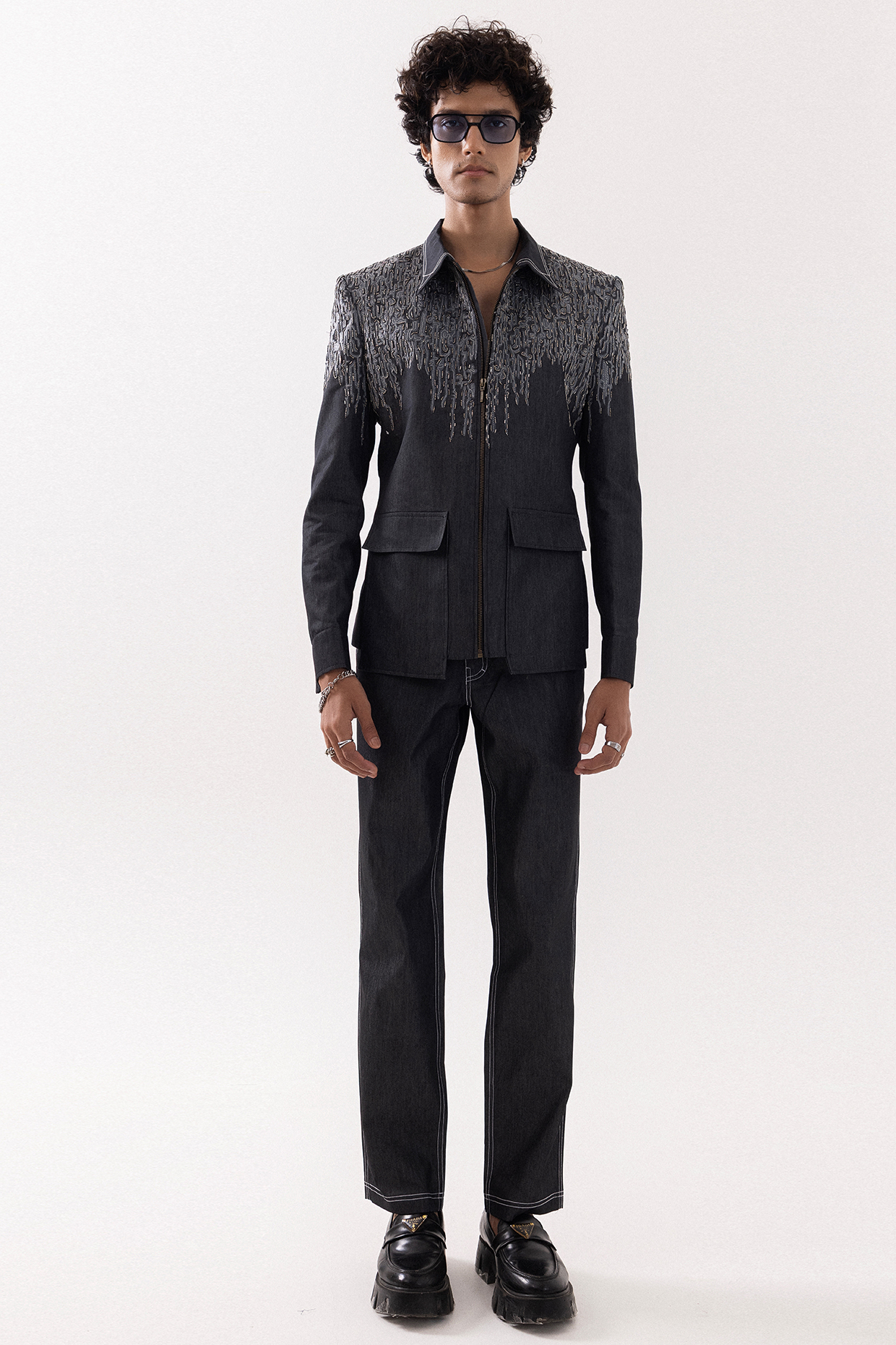 Charcoal Grey Denim Hand Painted & Bead Embellished Bomber Jacket Set by PAARSH