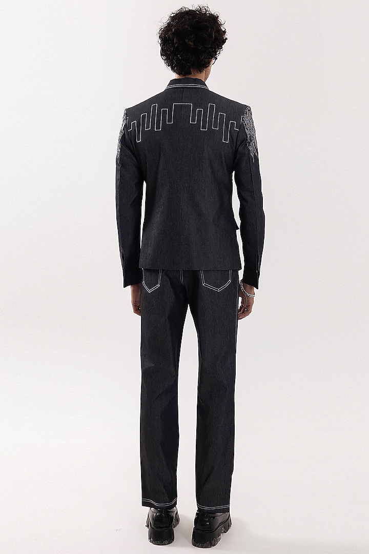 Charcoal Grey Denim Hand Painted & Bead Embellished Bomber Jacket Set by PAARSH at Pernia's Pop Up Shop