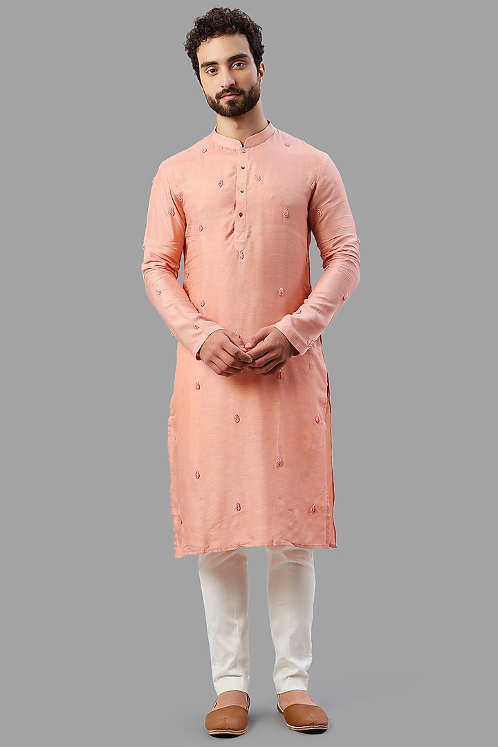 Peach Embroidered Kurta Set by PAARSH