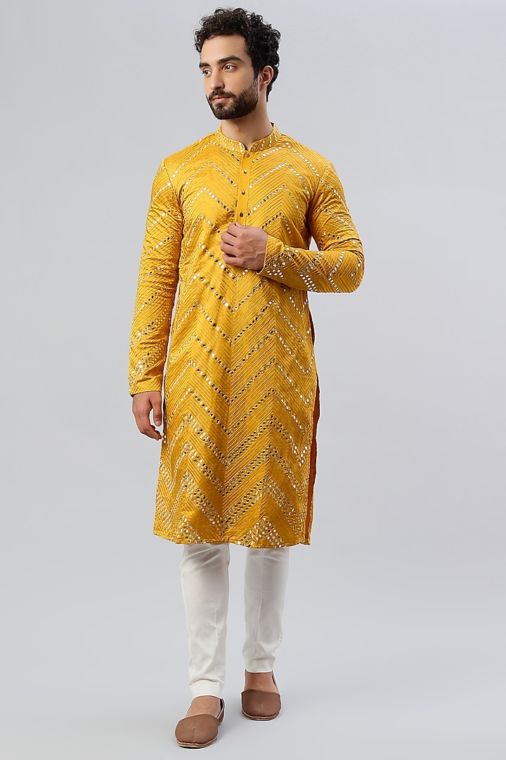 Mustard Embroidered Kurta Set by PAARSH