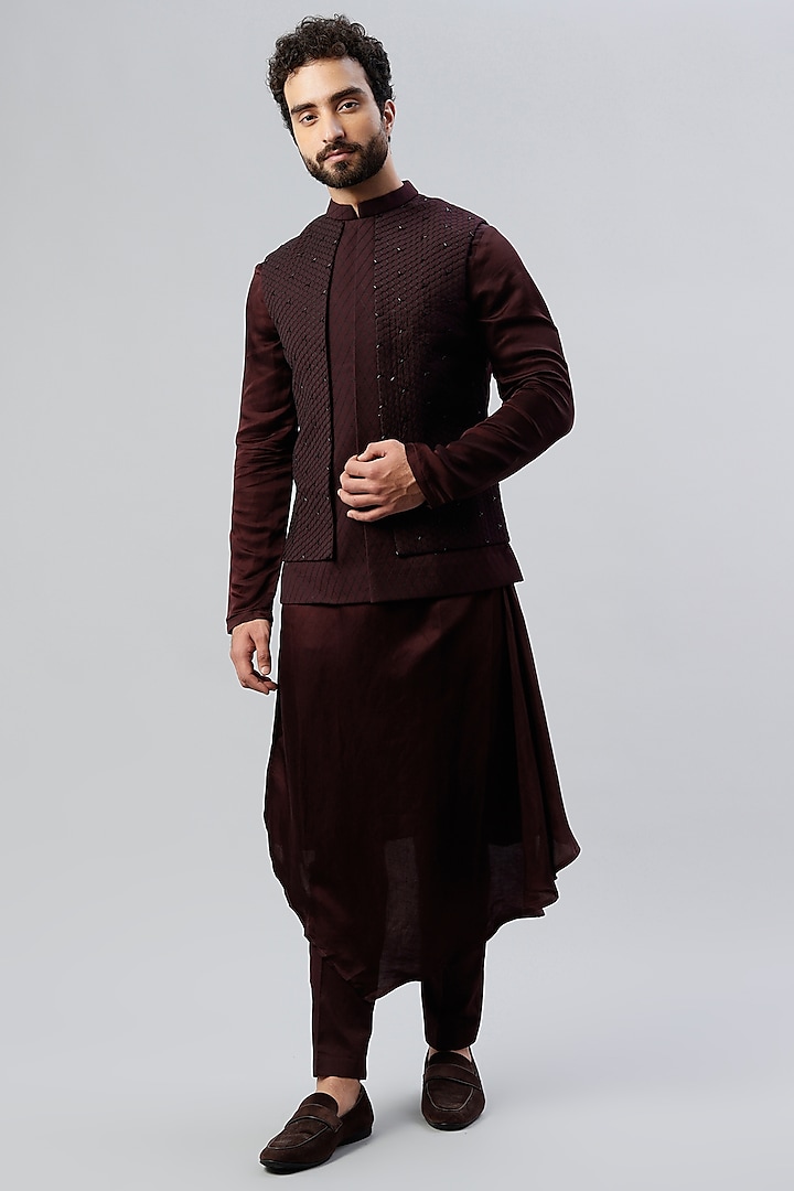 Maroon Linen Satin Kurta Set With Open Bundi Jacket by PAARSH