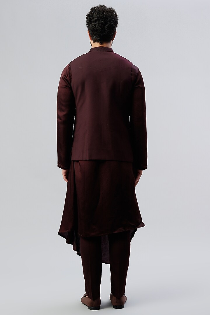 Maroon Linen Satin Kurta Set With Open Bundi Jacket by PAARSH at Pernia's Pop Up Shop
