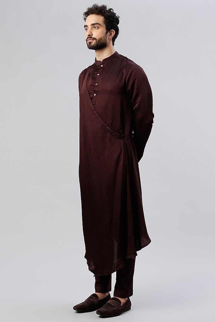 Maroon Linen Satin Kurta Set With Open Bundi Jacket by PAARSH at Pernia's Pop Up Shop