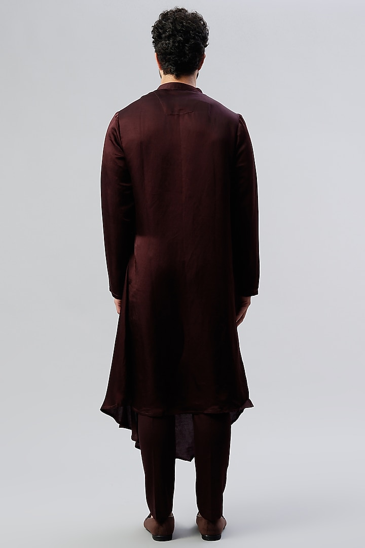 Maroon Linen Satin Kurta Set With Open Bundi Jacket by PAARSH at Pernia's Pop Up Shop