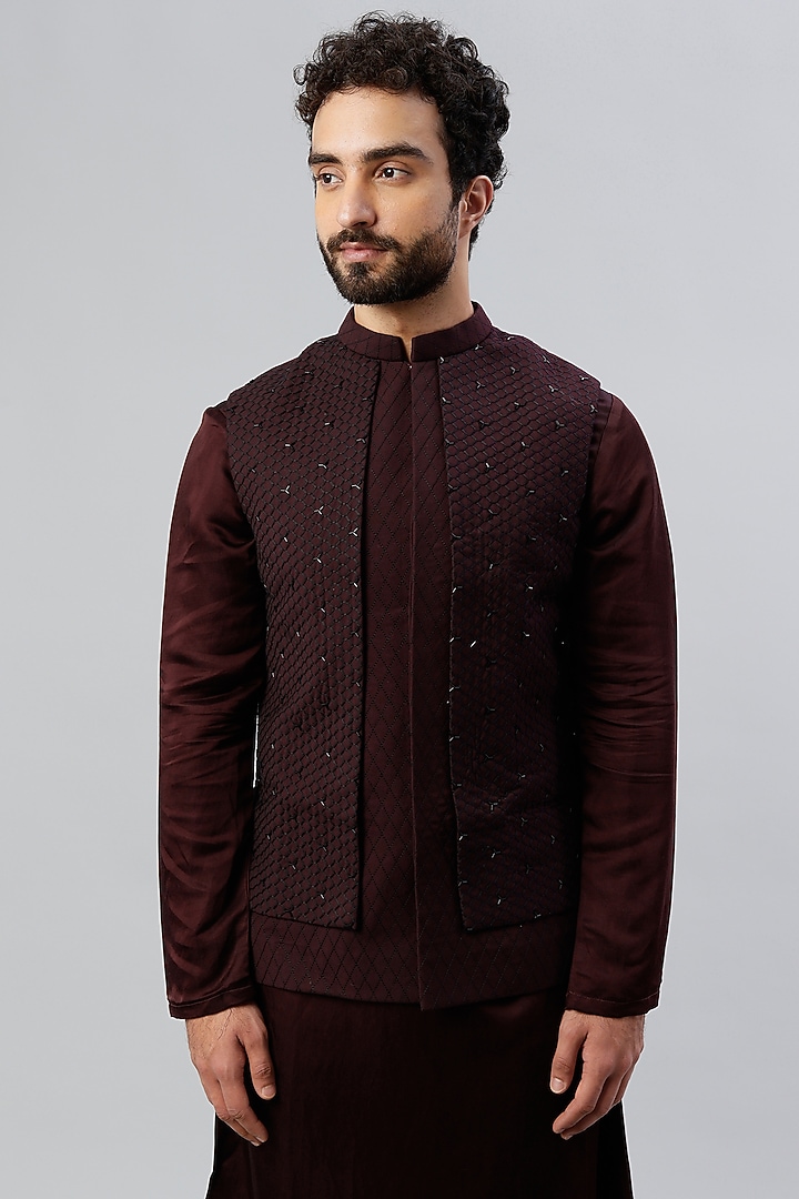 Maroon Linen Satin Kurta Set With Open Bundi Jacket by PAARSH at Pernia's Pop Up Shop