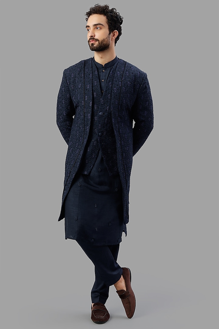 Navy Blue Bamboo Silk Wedding Indowestern Set by PAARSH at Pernia's Pop Up Shop