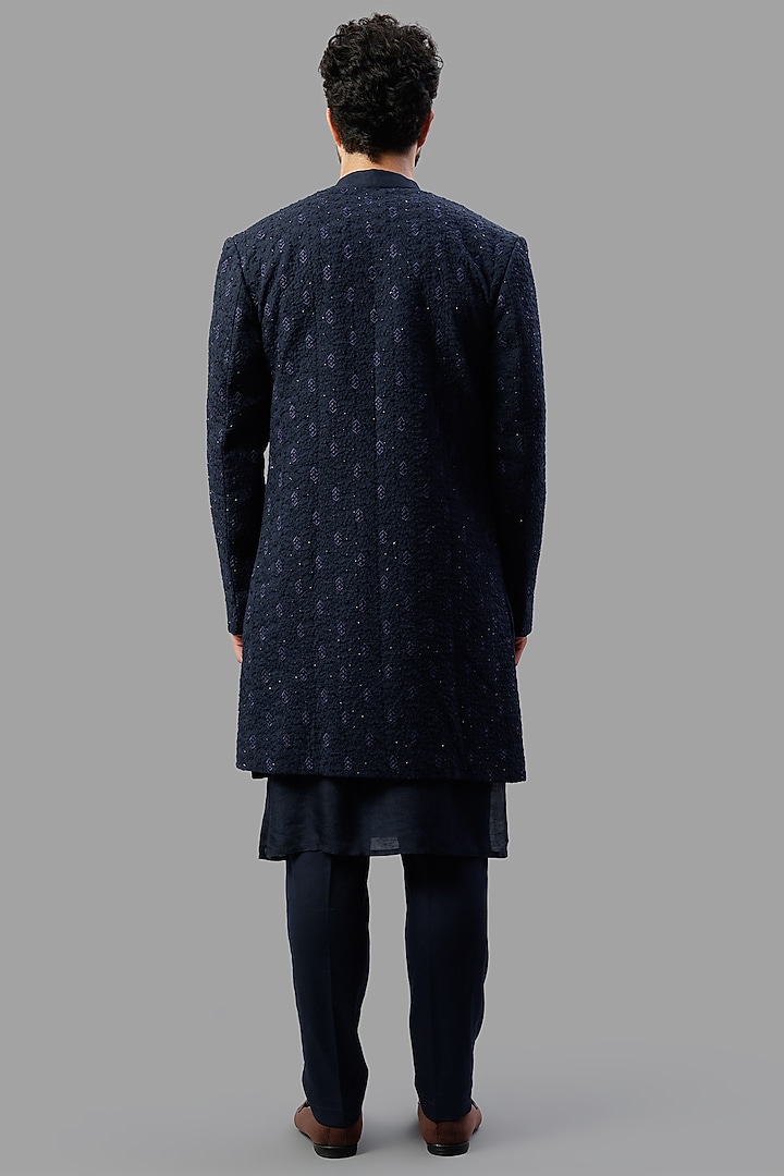 Navy Blue Bamboo Silk Wedding Indowestern Set by PAARSH at Pernia's Pop Up Shop
