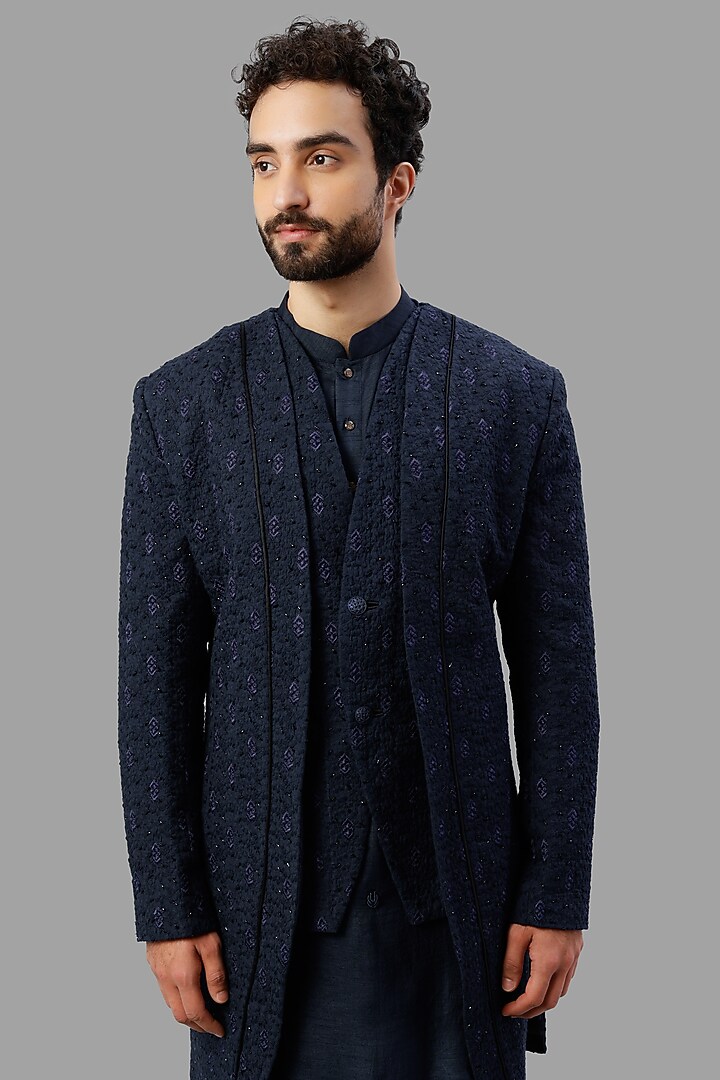 Navy Blue Bamboo Silk Wedding Indowestern Set by PAARSH at Pernia's Pop Up Shop