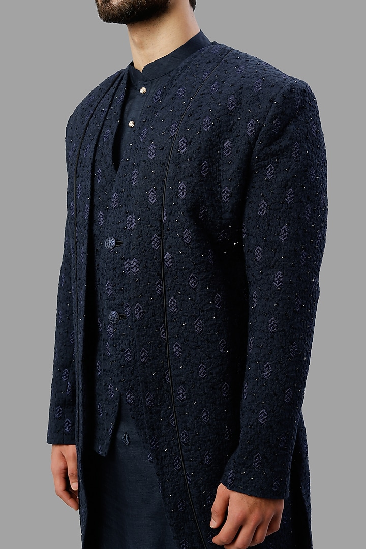 Navy Blue Bamboo Silk Wedding Indowestern Set by PAARSH at Pernia's Pop Up Shop