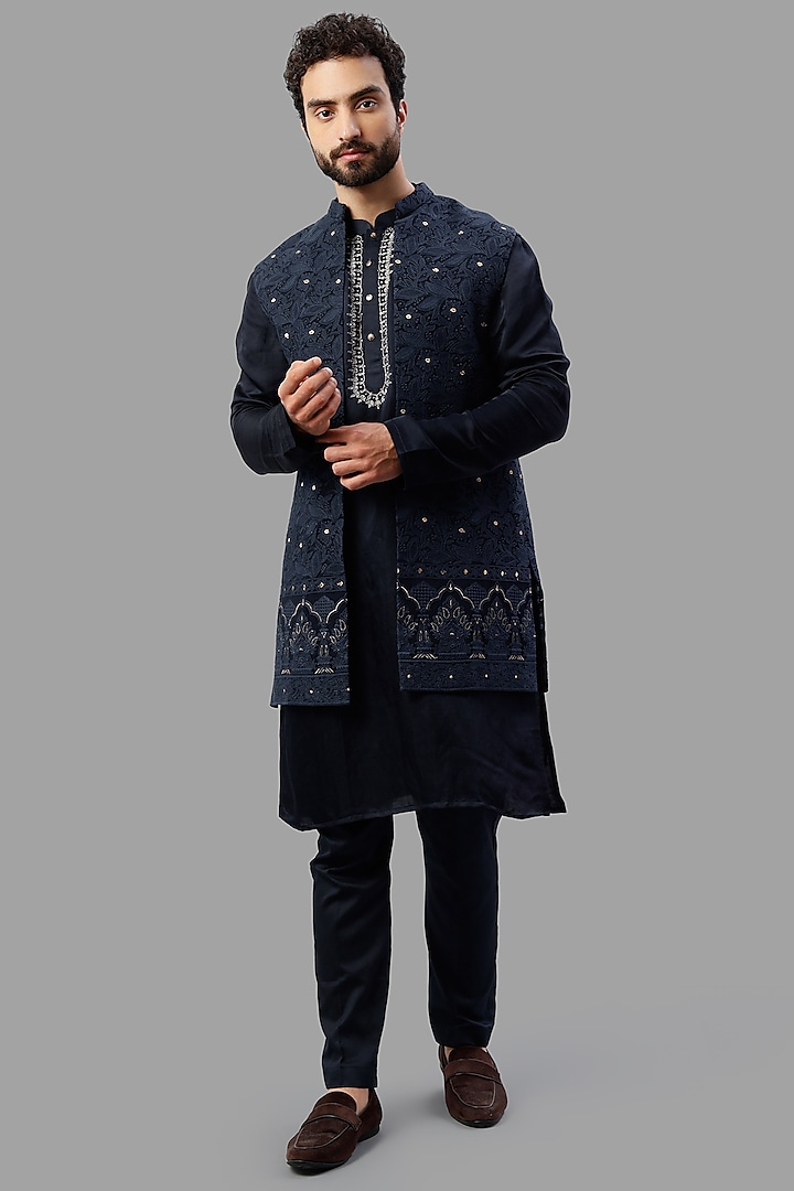 Navy Blue Linen Indowestern Set by PAARSH