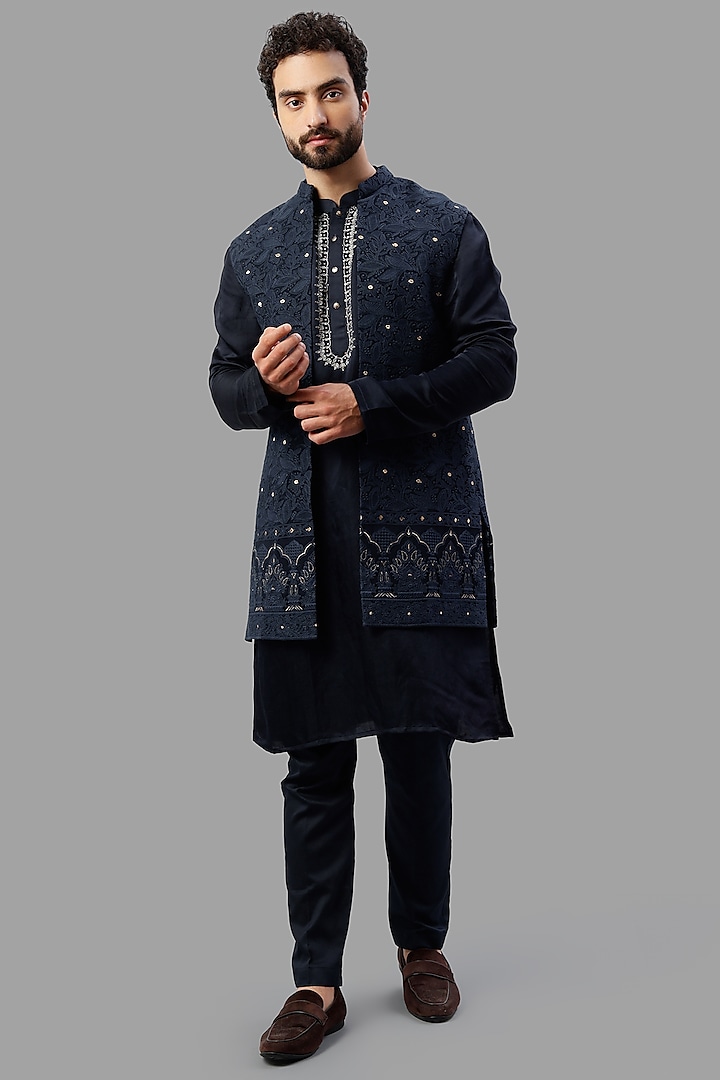 Navy Blue Linen Floral Thread Embroidered Indo Western Set by PAARSH