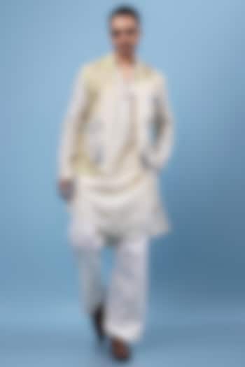 Mint Green & Ivory Organza Embroidered Nehru Jacket Set by PAARSH