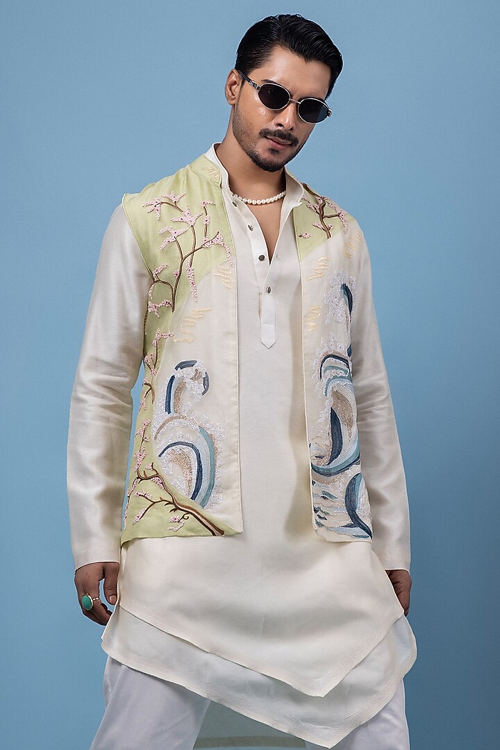 Mint Green & Ivory Organza Embroidered Nehru Jacket Set by PAARSH at Pernia's Pop Up Shop