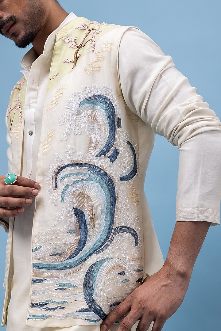Mint Green & Ivory Organza Embroidered Nehru Jacket Set by PAARSH at Pernia's Pop Up Shop
