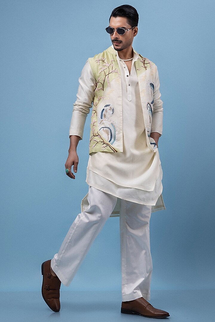 Mint Green & Ivory Organza Embroidered Nehru Jacket Set by PAARSH at Pernia's Pop Up Shop