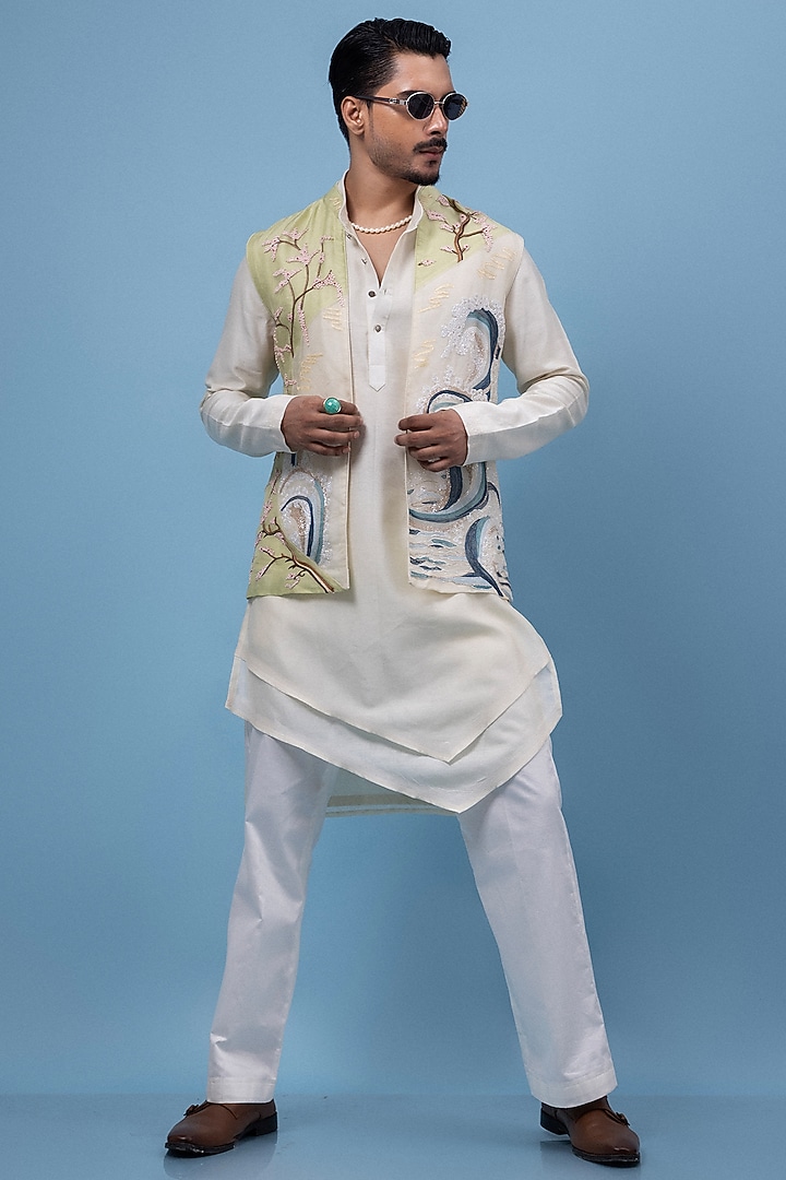 Mint Green & Ivory Organza Embroidered Nehru Jacket Set by PAARSH at Pernia's Pop Up Shop
