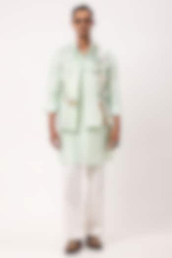 Menthol Colored Organza Embroidered Nehru Jacket Set by PAARSH