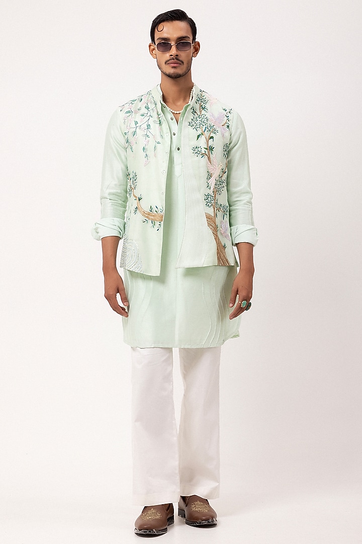 Menthol Colored Organza Embroidered Nehru Jacket Set by PAARSH