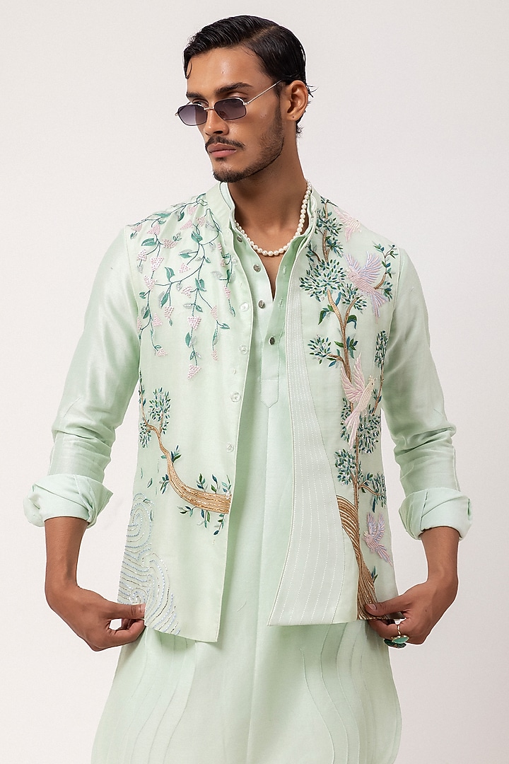 Menthol Colored Organza Embroidered Nehru Jacket Set by PAARSH at Pernia's Pop Up Shop