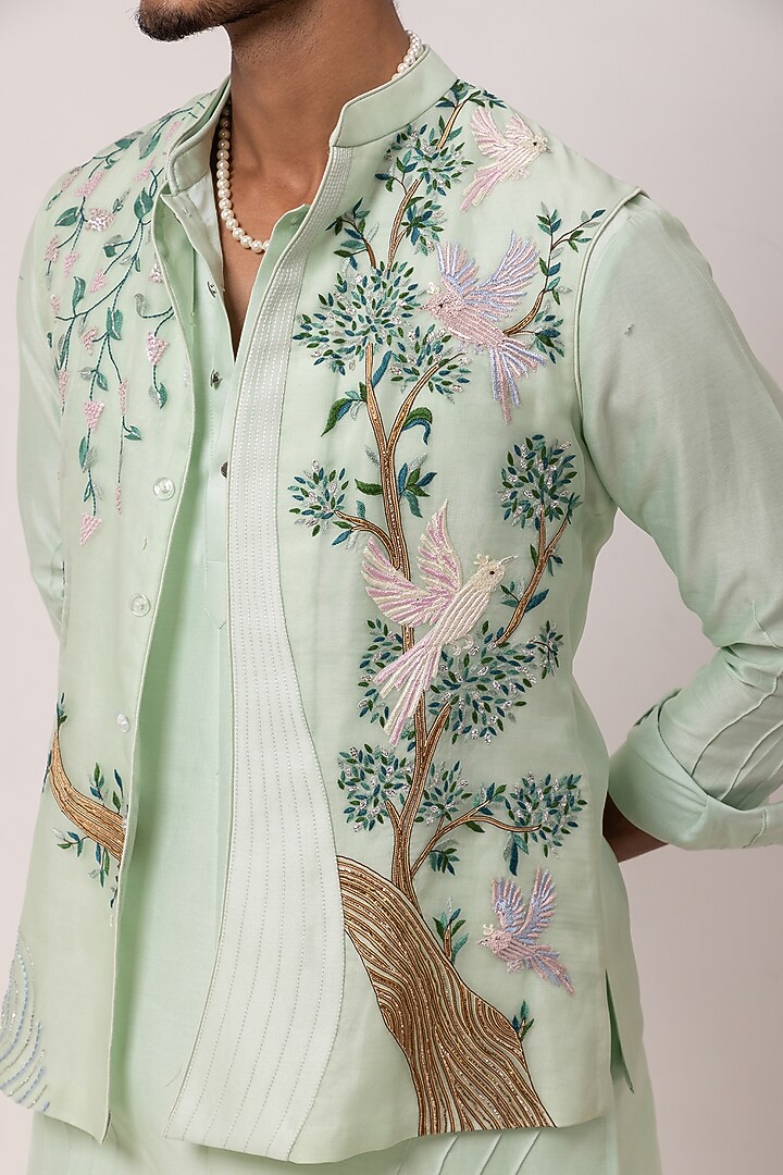 Menthol Colored Organza Embroidered Nehru Jacket Set by PAARSH at Pernia's Pop Up Shop